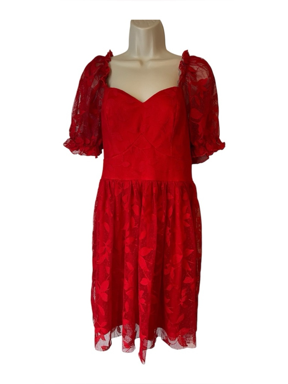 SBetro Plus 1XL Red Lace Overlay Puff Sleeve Sweetheart Mini Dress Coquette NWT